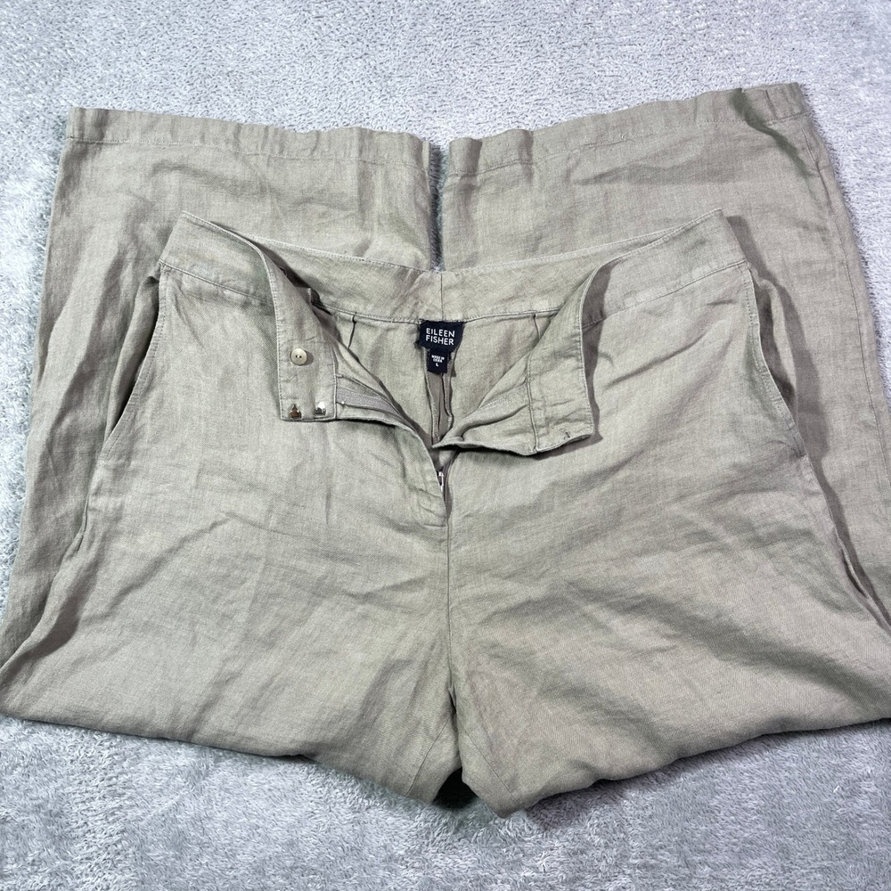 Eileen Fisher‎ 100% Linen Wide Leg Cropped Pants Women's L Relaxed Casual Beige
